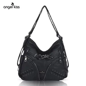 Angel Kiss Women's Single-Shoulder Crossbody Bag Multi-Pocket Soft Tote with Detachable Strap Leather Handbag Black