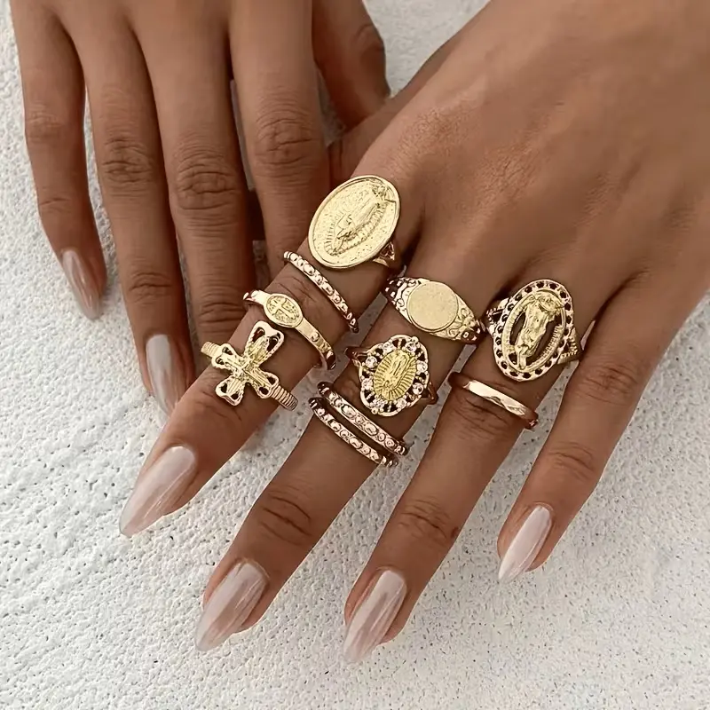 Women's 10pcs Vintage Virgin Mary & Cross Ring Set - Thin Stackable Religious Accessories, Stylish Gifts for Women, Suitable for Christmas, Daily Church Wear, Rings For Women