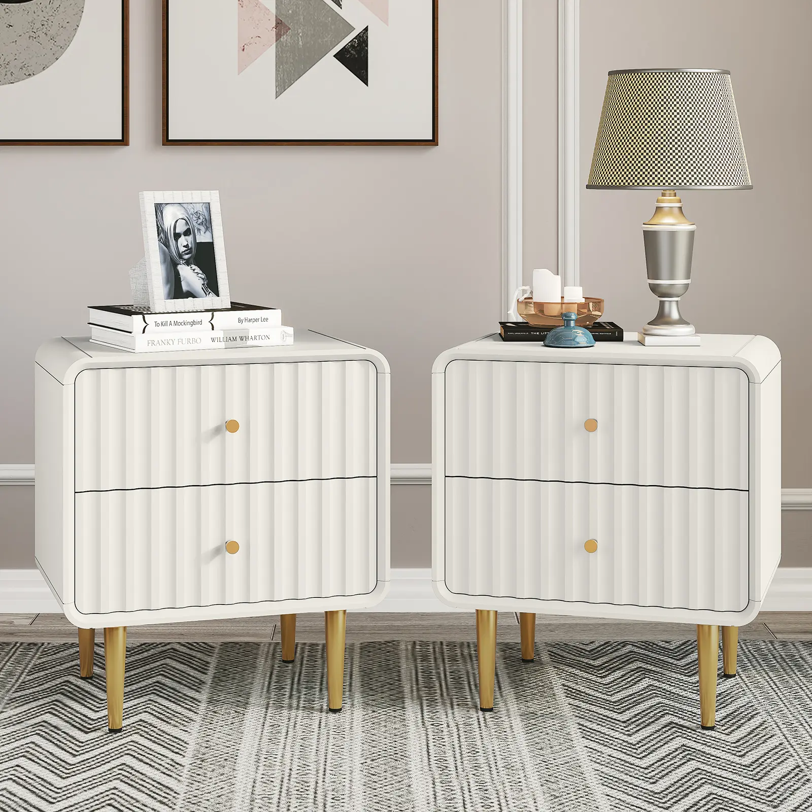 [summerwins] HLR Modern White Bedroom Nightstand, Recessed Bedside Table with 2 Storage Drawers, Wooden End Table with Gold Metal Handles