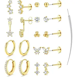 YADOCA Threadless Flat Back Earrings Hypoallergenic - 9 Pairs 316L Surgical Steel Push in CZ Studs & Hoops Set for Women Men 14K Plated Gold Cartilage Tragus Helix Nose Piercing Jewelry 16G 18G