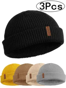 3Pcs-Beanie Hat Knit Ski Cap Fisherman Beanie for Men Women‘s solid color knitted hat jewelry accessories Fitted Hat