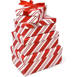 Gift Boutique 4 Christmas Gift Boxes Candy Cane Design Christmas Nesting Stacked Rectangle Boxes with Lids in Assorted Sizes for Holiday Decoration Decorative Present Wrapping