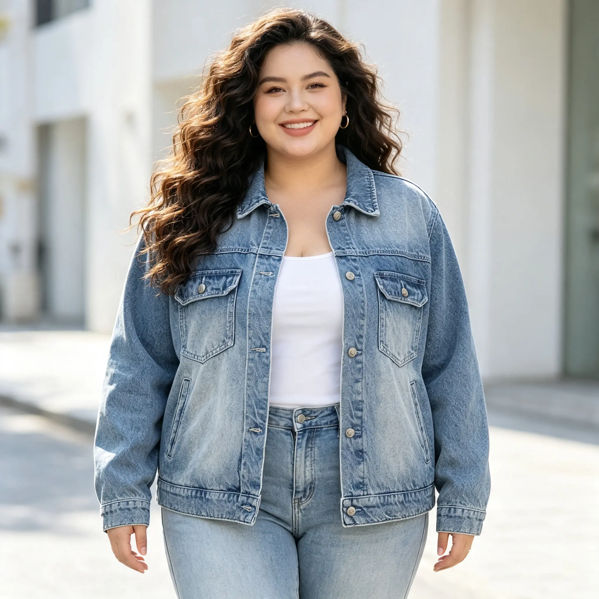 Women's Casual Button-Down Denim Jacket with Pockets, Chest Pockets, Loose-Fit Boyfriend Style Womenswear for Fall Trucker Coat Outerwear Long Sleeve