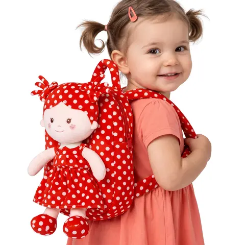 Toddler Girls' Polyester Hug-Ready Plush Doll Backpack Set - Soft, Huggable Detachable Doll, Zip Closure, Machine Washable, Comfortable, Perfect Daily Use School Bag for Books & Lunch, Ideal Cuddle Buddy
