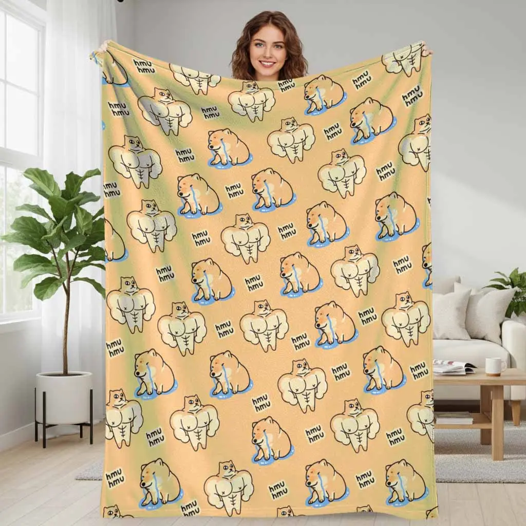 Meme Prints Flannel Blanket with Shiba Inu & Cat, Flannel Fabric, Ultra-Soft Plush Texture, Multi-Size Throw for Sofa Bed, Home Decor Gift