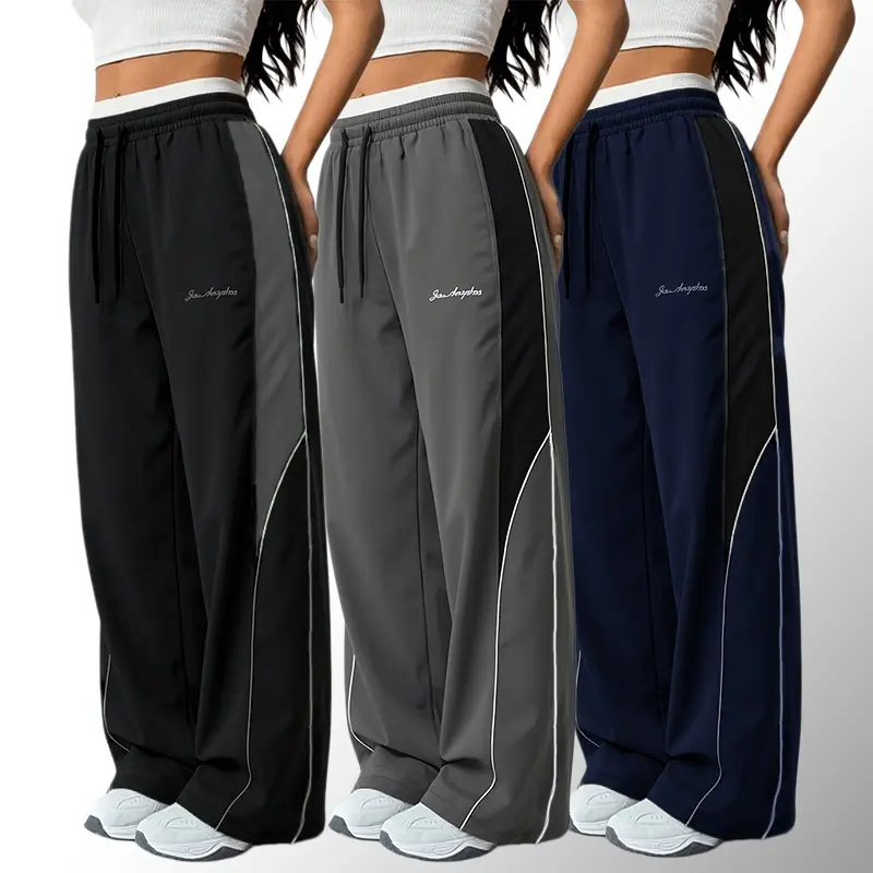 Women's 3-Pack Summer Lightweight Polyester Pants - Side Stripes, Loose Fit, Printed Design, Drawstring Cuffs, Casual Fashion, Elasticized Full-Length Casual Street Style Pants, Casual Fashion Pants  Activewear Womenswear Sportswear Athletic