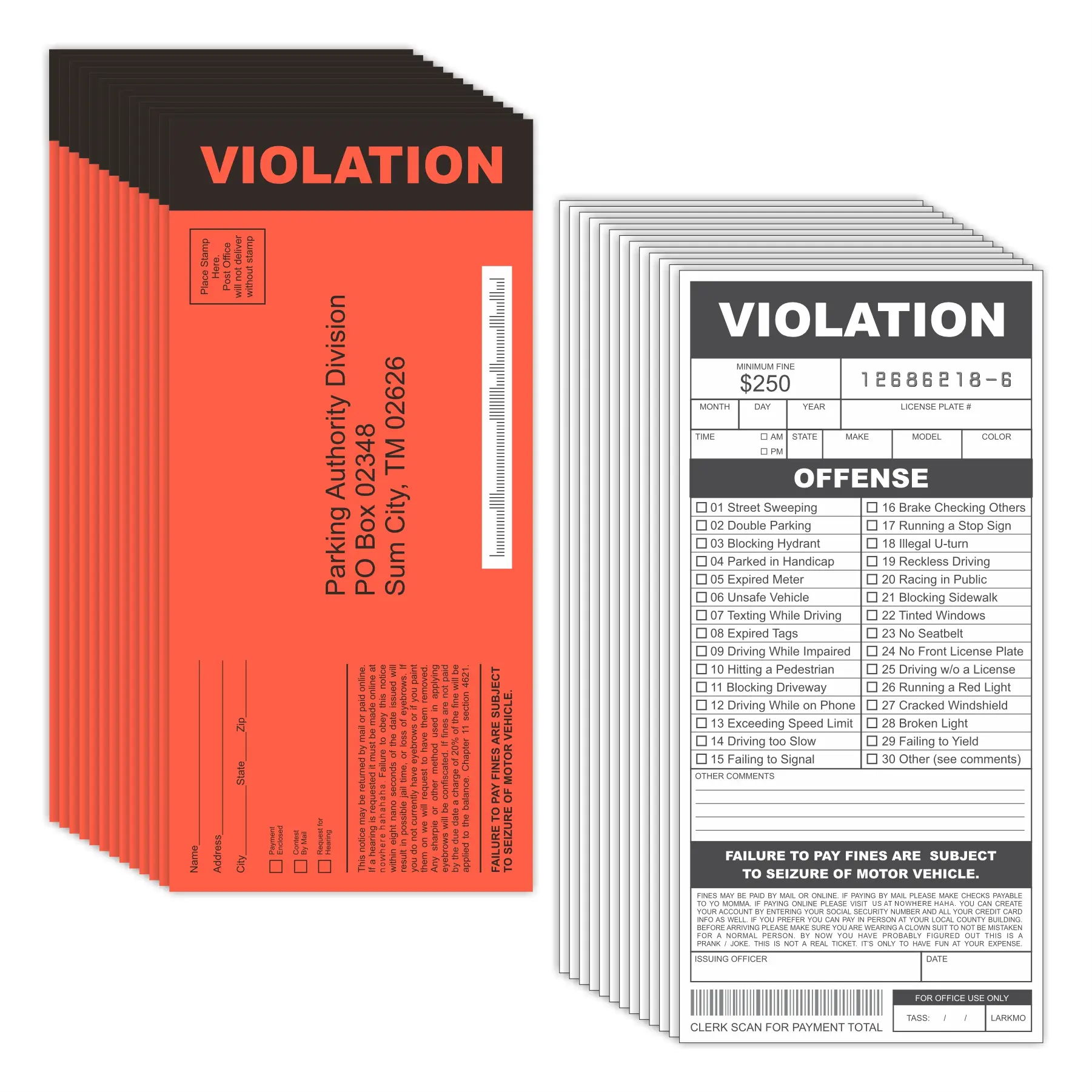 Fake Parking Tickets Prank - Qty 25, Joke Violation Parking, Funny Gag Pretend Police Traffic and Safety Car Citations, Kid Friendly