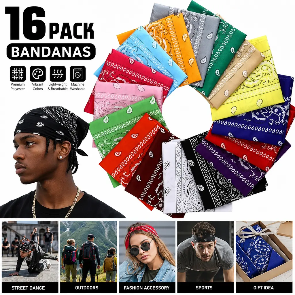 16 Pack Bandanas Multi Purpose, Cotton Scarf Headband Handkerchiefs for Women Men Boys Girls, Outdoor Party Favors, Neck Scarf for Dogs, DIY Crafts & Face Cover