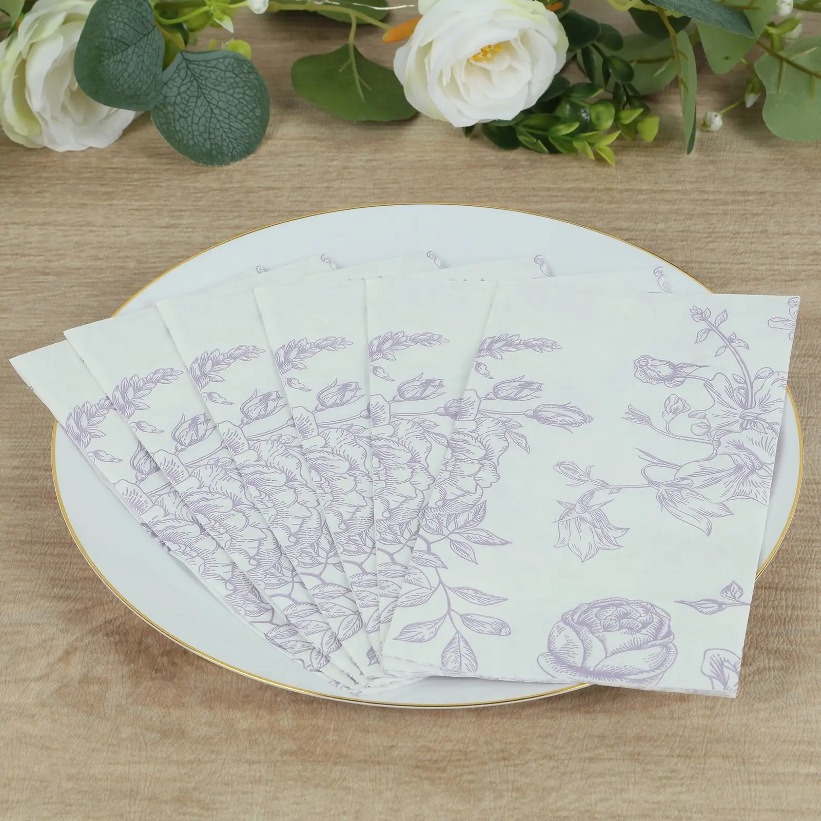 50-Pack 2-Ply Paper Disposable Napkins, French Toile Floral Print Matte Lavender and White, Highly Absorbent Soft Dinner Napkins for Party, Wedding, Ideal for Event Planners, Restaurant Tableware, Two-Ply Paper