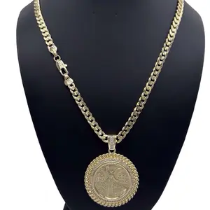 #311 14K Laminated High Quality Centenario 50 Pesos Pendant (1.5in) with 5mm wide Cuban chain - gift ready, 2 sizes, multiple lengths (22in, 24in)