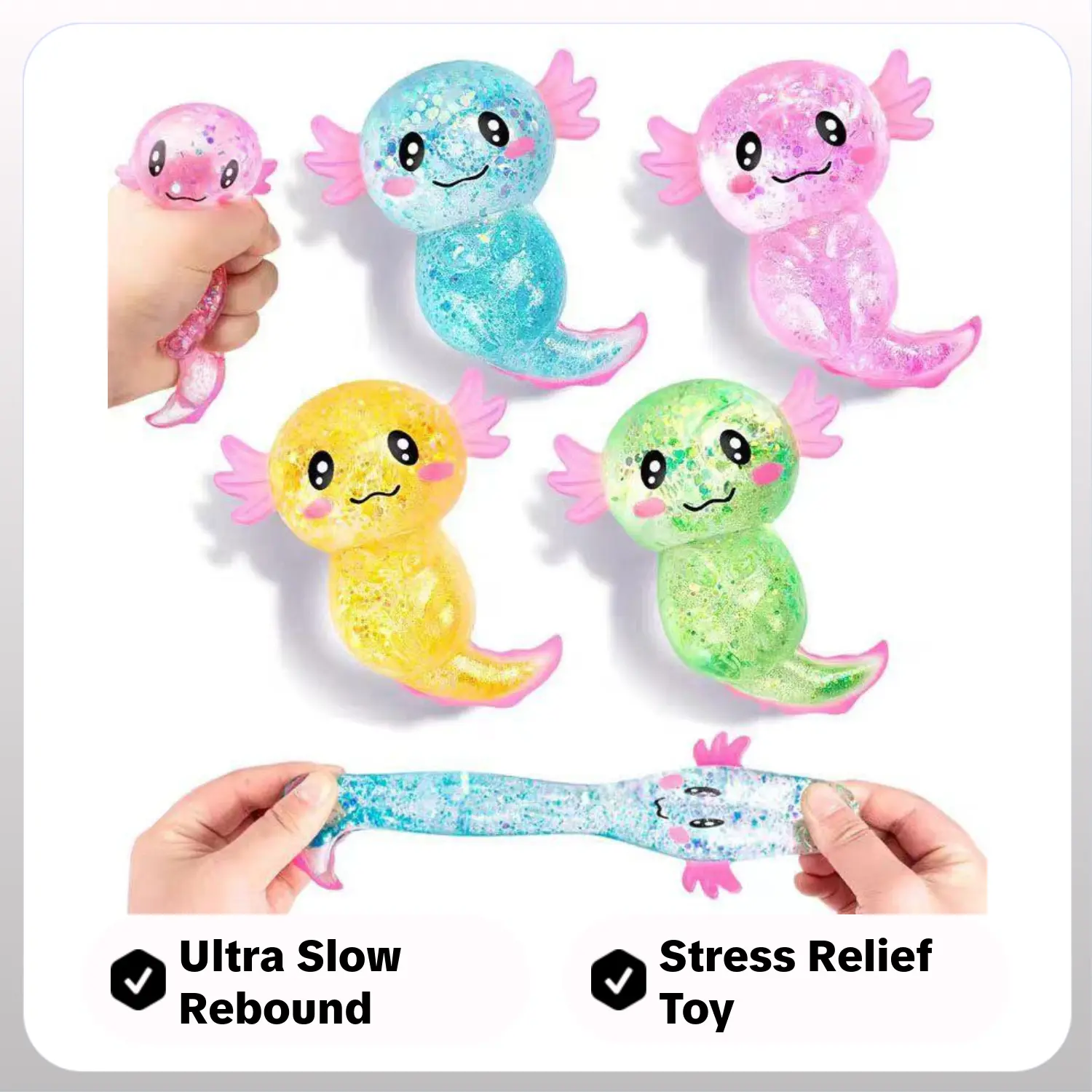 4-Pack Sequin Salamander Marshmallow Squishies Stress Balls, Ultra Slow Rebound Fidget Toys, Soft & Chewy Malt Texture, Fun Gift for Kids