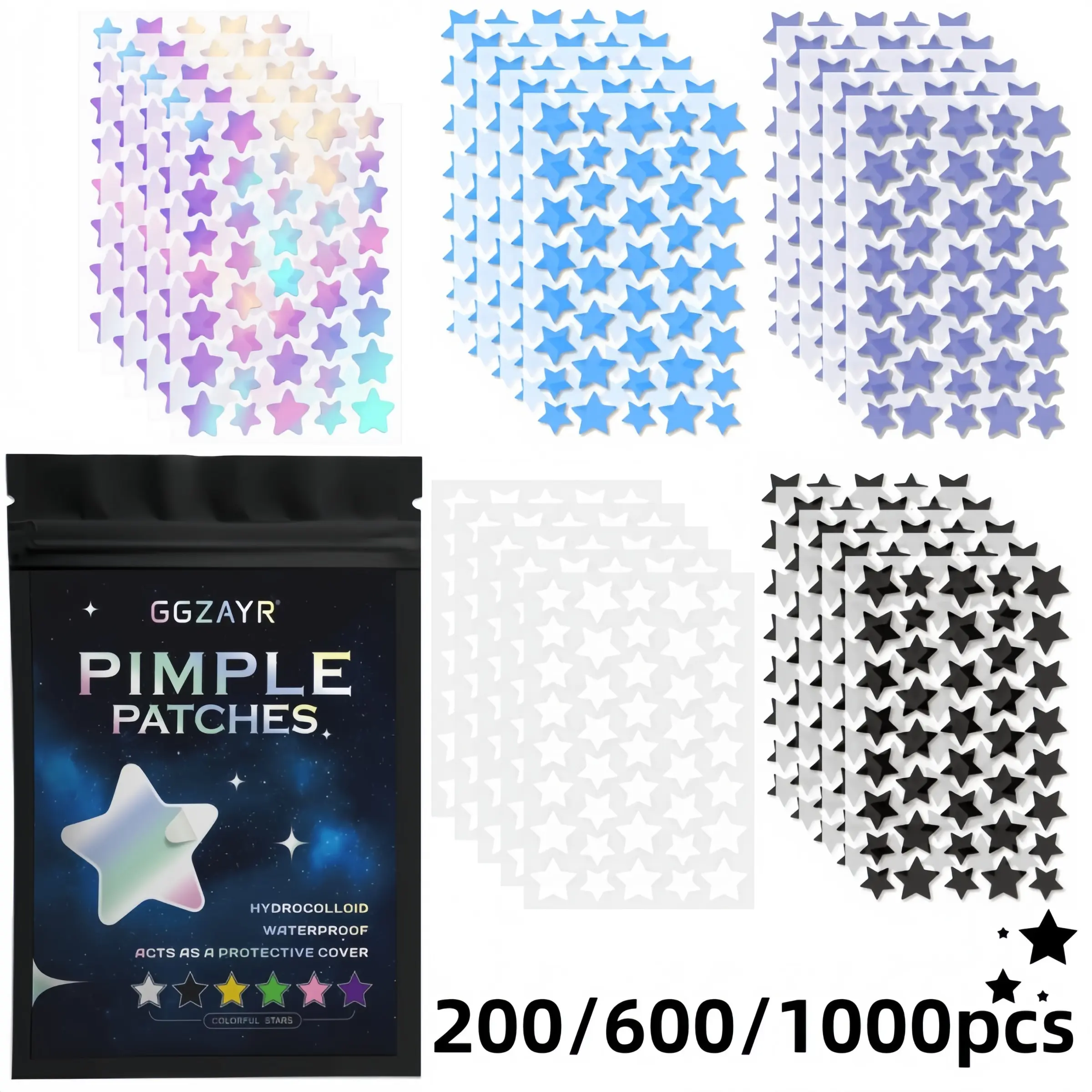 200/600/1000pcs Colorful Star Hydrocolloid Acne Patches, Deep-Cleansing Blemish Cover Stickers, Cute Rainbow Star Spot Dots, Mixed Sizes Set, Unisex Concealer Patch for All Skin Types, Gentle Daily Skin Care, Acne Pimple Patch