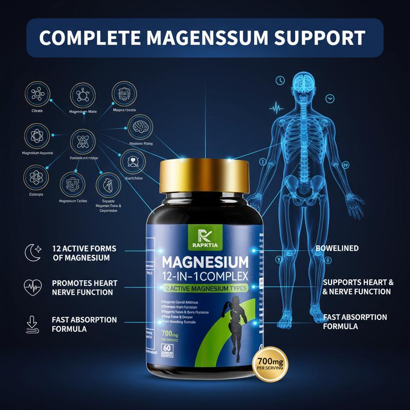 3-Bottle Pack 12-in-1 Magnesium Complex, Relieves Anxiety, Reduces Stress, Improves Sleep, Contains 12 Active Magnesium Types, 60 Capsules