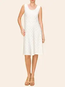 Urban Diction Women's White Eyelet Crewneck Sleeveless Summer Dress, Casual Loose Fitting &, Solid Color Comfort