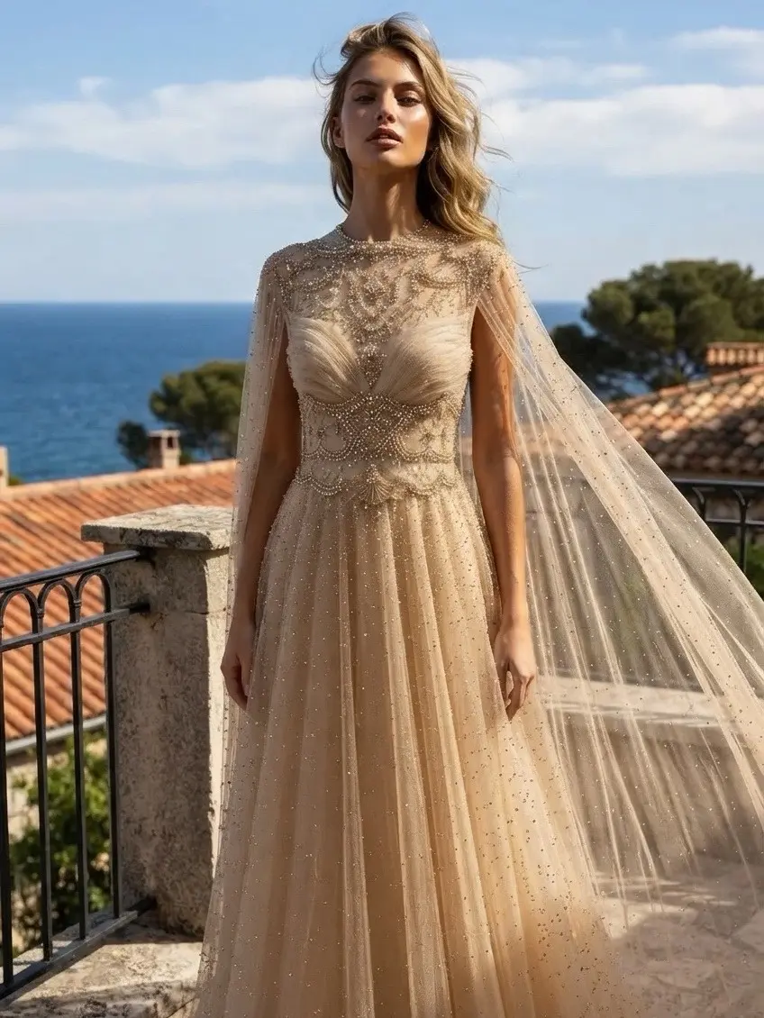 Luxury Elegant Beaded Embroidery A-Line Tulle Dress, High Neck Long Sleeve Illusion Bodice Floor-Length Formal Evening Gown for Gala, Wedding Reception & Special Occasions