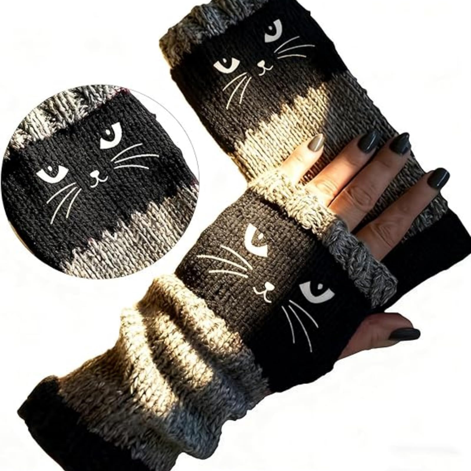 [Buy One Get One Free] These ladies' knitted fingerless gloves with cute cat embroidery patterns are comfortable and fashionable gloves suitable for casual spring wear and festive occasions.