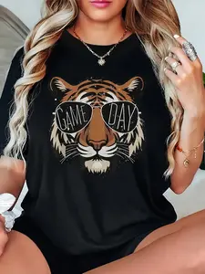 Women'S Casual Crew Neck T-Shirt with Tiger Graphic Print, 100% Polyester Knit Fabric, Regular Length, 180g/m², Spring/Summer Fashion Top