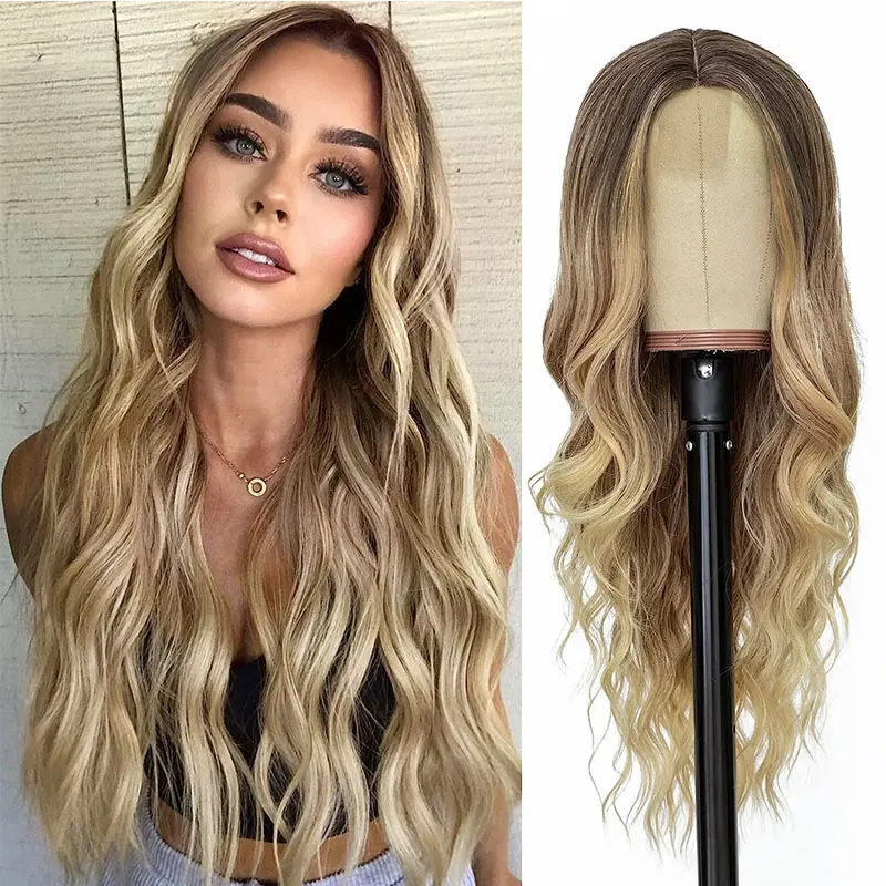 Ombre Blonde Lace Front Wig Long Body Wave Synthetic Hair with Natural Hairline Pre-Plucked Heat Resistant for Women Daily Wear