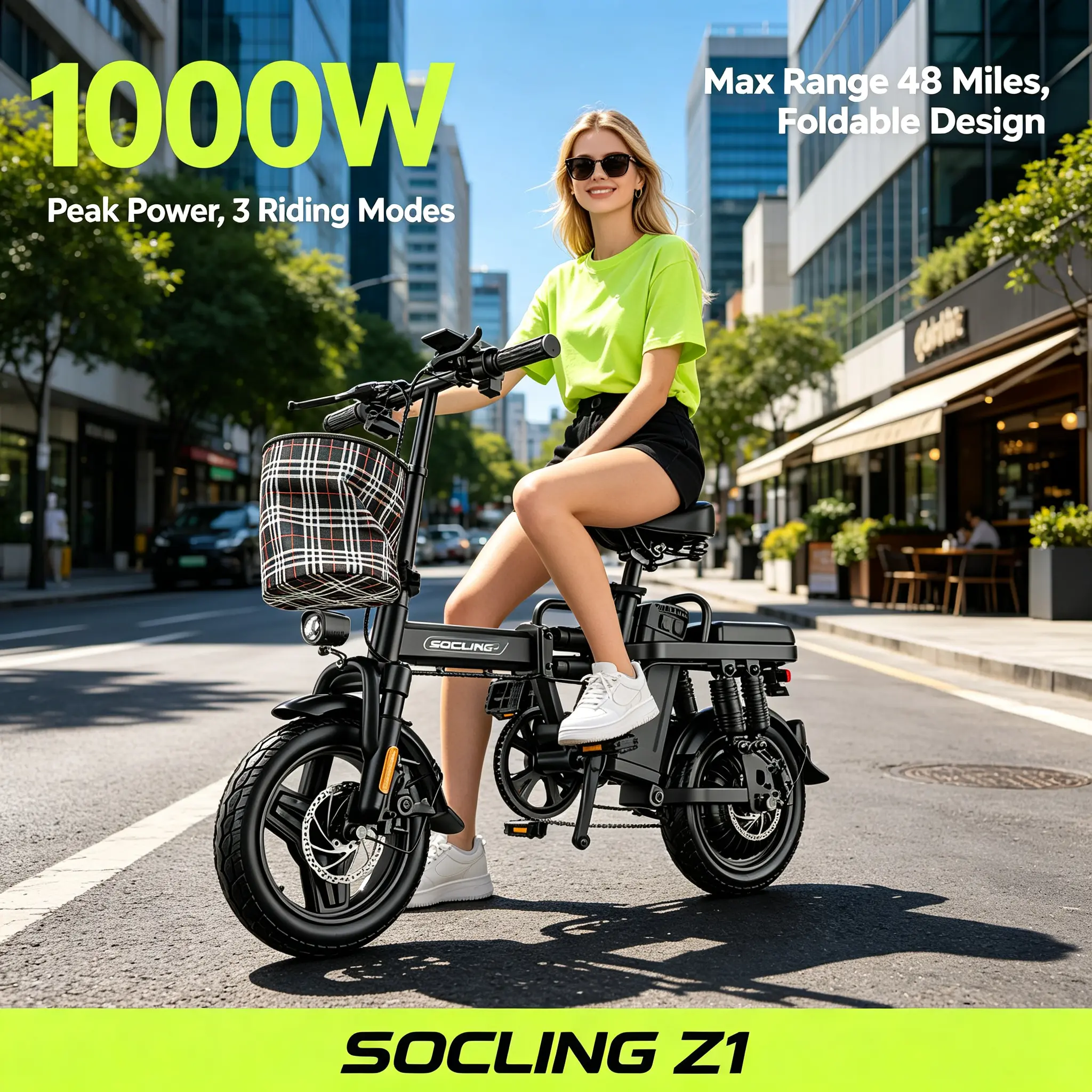 14-Inch Foldable Z1 E-Bike - 1000W Motor, 48V 15Ah Detachable Battery, 48-mi Range, High Carbon Steel Frame, Dual Disc Brakes, LED Display, Remote Lock/Unlock for Daily Commute & Outdoor Travel (Folding Bikes for Sports & Outdoor Cycling)