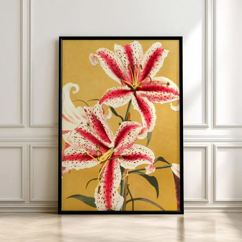 Lily Print,  Vintage Japanese Botanical Poster,  Ogawa Kazumasa Floral Wall Art,  Meiji Era Print,  Japonisme Decor,  Pink Speckled Lili
