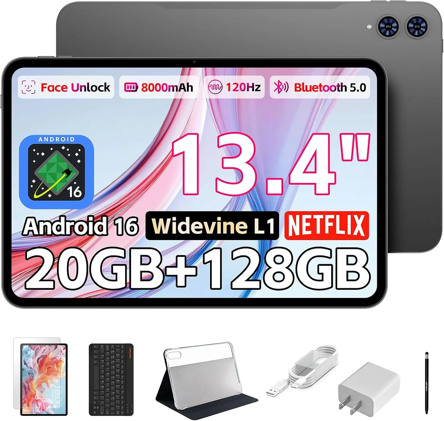 TECLAST T65 13.4" Android16 4G Tablet, 20GB+128GB 120Hz Widevine L1 8000mAh, T7280 Octa-Core, 1920×1200 HD Screen for Sheet Music, Stereo Speakers, 5G WiFi, GPS, 1TB Expand, 3.5mm Jack, GMS, Eye Care, Ideal for School, Work