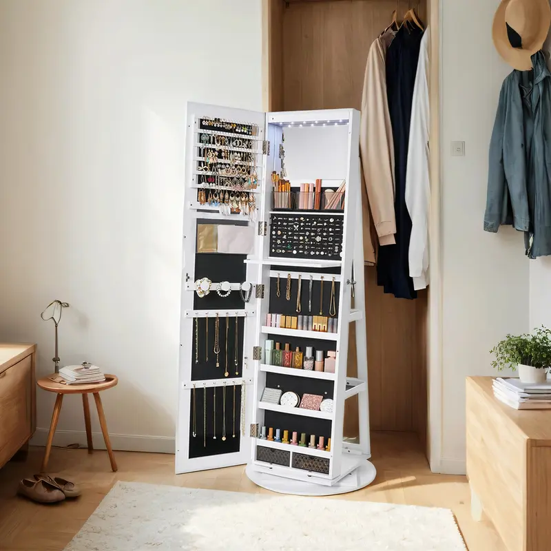 SONGMICS LEDs Lockable Jewelry Mirror Cabinet,Standing Jewelry Armoire,, Frameless Full-Length Mirror, 3 Storage Shelves Christmas Gifts Decor