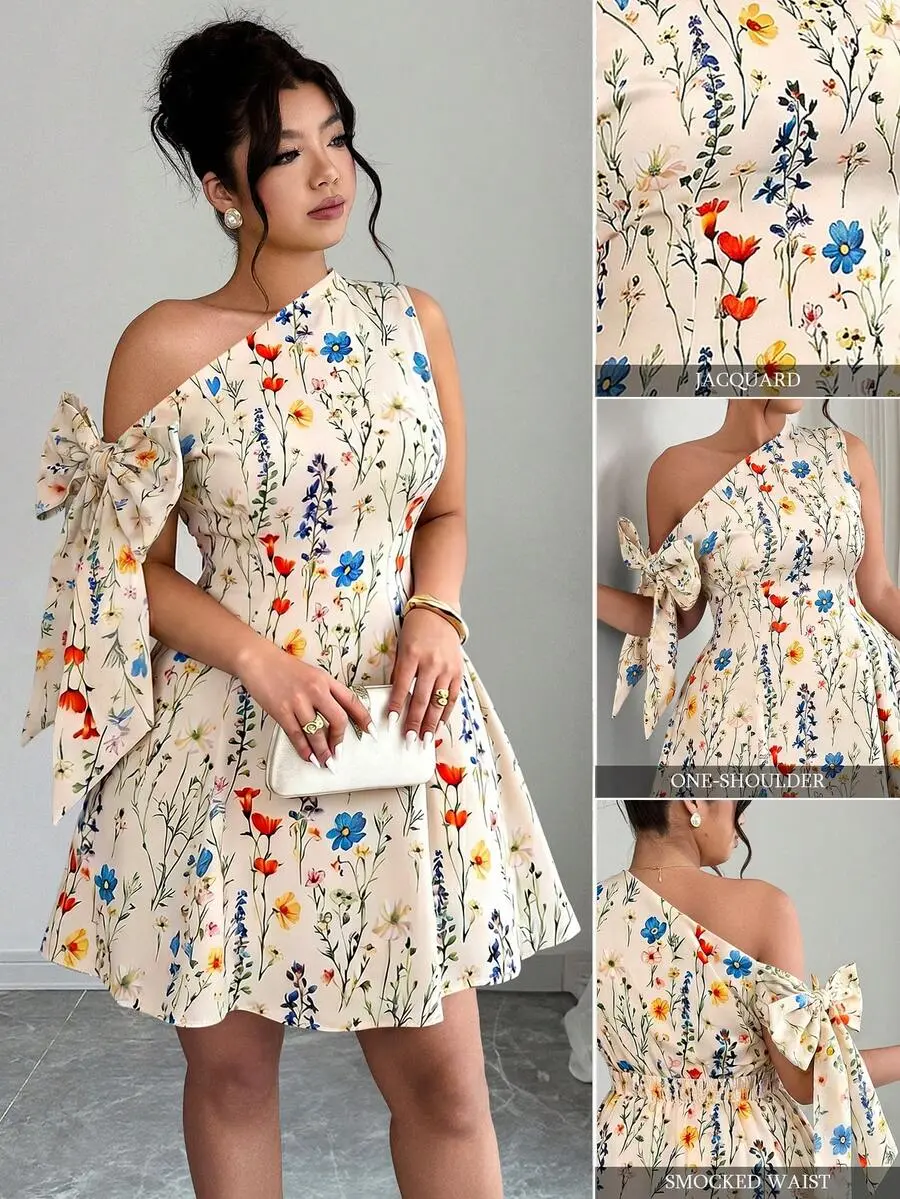 Women's Plus Size Spring/Summer Elegant Vacation Minimalist Exquisite Date Waist-Cinched Bow Asymmetrical Shoulder Print A-Line Short Dress Tropical