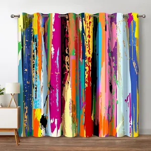 2 pieces of abstract art striped printed perforated curtains, made of 100% polyester, suitable for decorating vintage study rooms, modern minimalist living rooms, and pop style bedrooms.
