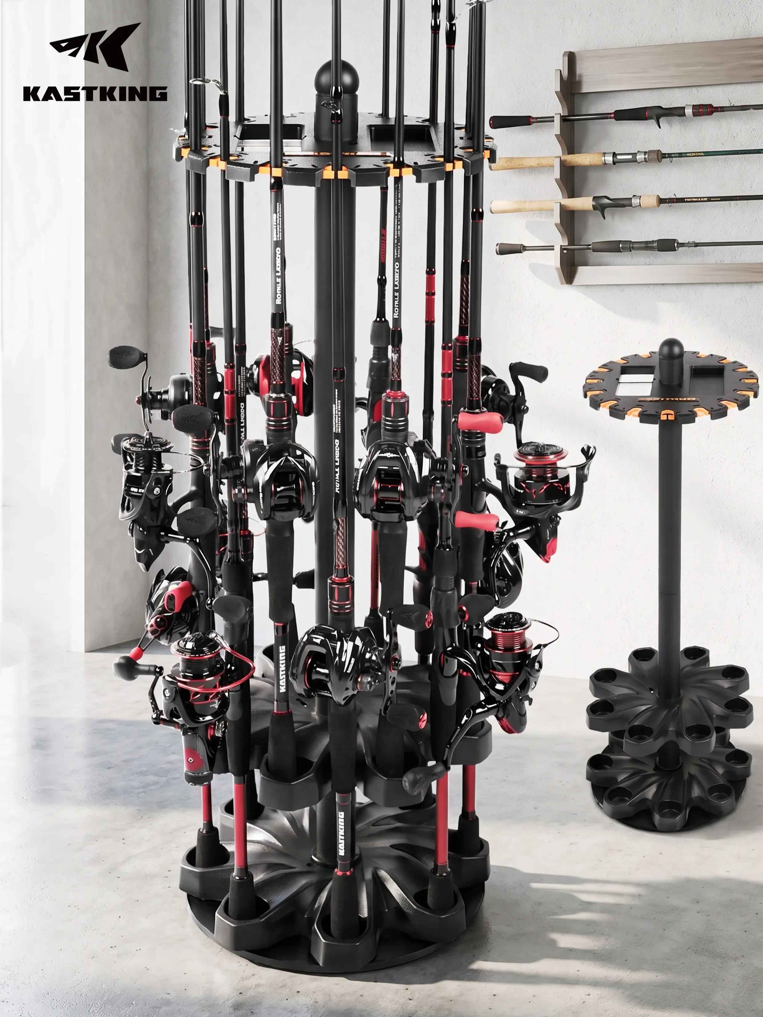 KastKing V16 Rotating Fishing Rod Holder for Garage, Floor Rack Holds Up to 16 Rods & Combos, Space-Saving Pole Organizer with Foam, Durable ABS, Fishing Gear Storage Gift for Men