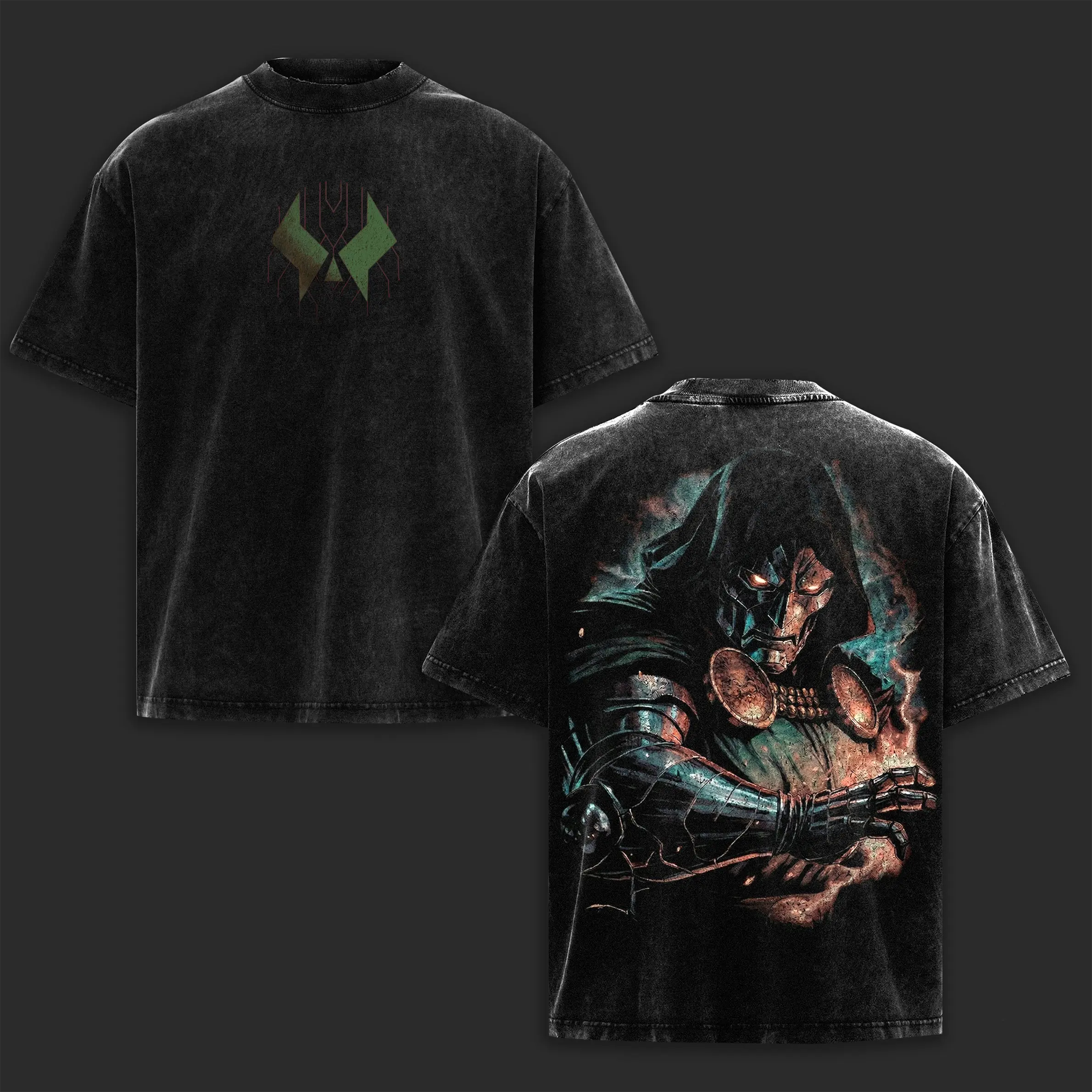 Men's "The Masked Tyrant" Doom MCU Edition Oversized Seamless Shortsleeve Acid Washed Cotton Tshirt - Double Printed TV Series Graphic Round Neck Black Streetwear Apparel