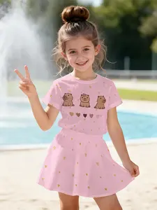 Girls' Capybara Pattern Short Sleeve Skirt Set, 3D Printed T-Shirt Top + Half Dress, Sweet Fashion Summer for Outdoor Activities, Animal Print Set, Skirts Sets, Summer Clothes Set
