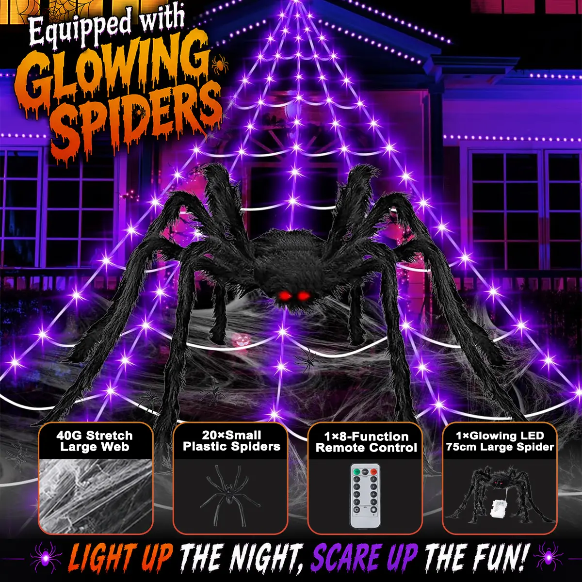16.4Ft 250 LEDs Giant Halloween Spider Web Lights with 2.46FT Light Up Big Spider, Violet or Violet & Orange Optional, Outdoor Yard Haunted House Decor