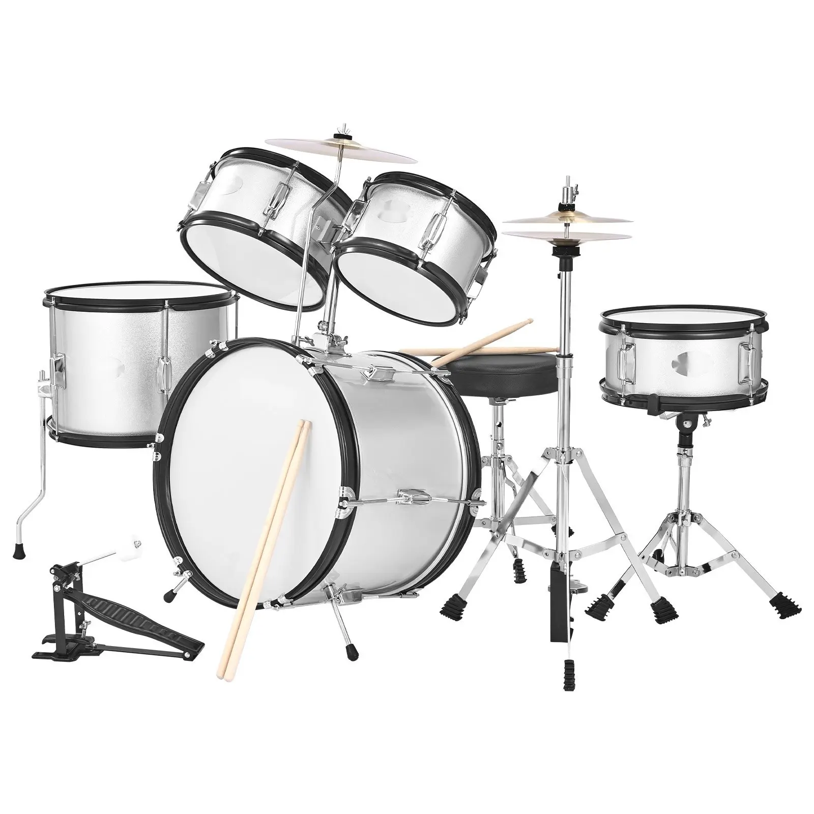 Kids Drum Set 5-Piece Beginner Drum Kit With 16-Inch Bass Drum, Cymbals, And Drum Sticks, Silver Finish, Durable Practice Kit For Young Musicians, Great For Home Practice And Early Music Education, Realistic Sound