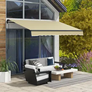 10x8ft Manual Awning – Beige, Adjustable Tilt 45-85°. Crank Handle Length 59". Fits Wall Size 8.2-11.5ft. Ruffled Edge for Style. Weather-Safe Construction