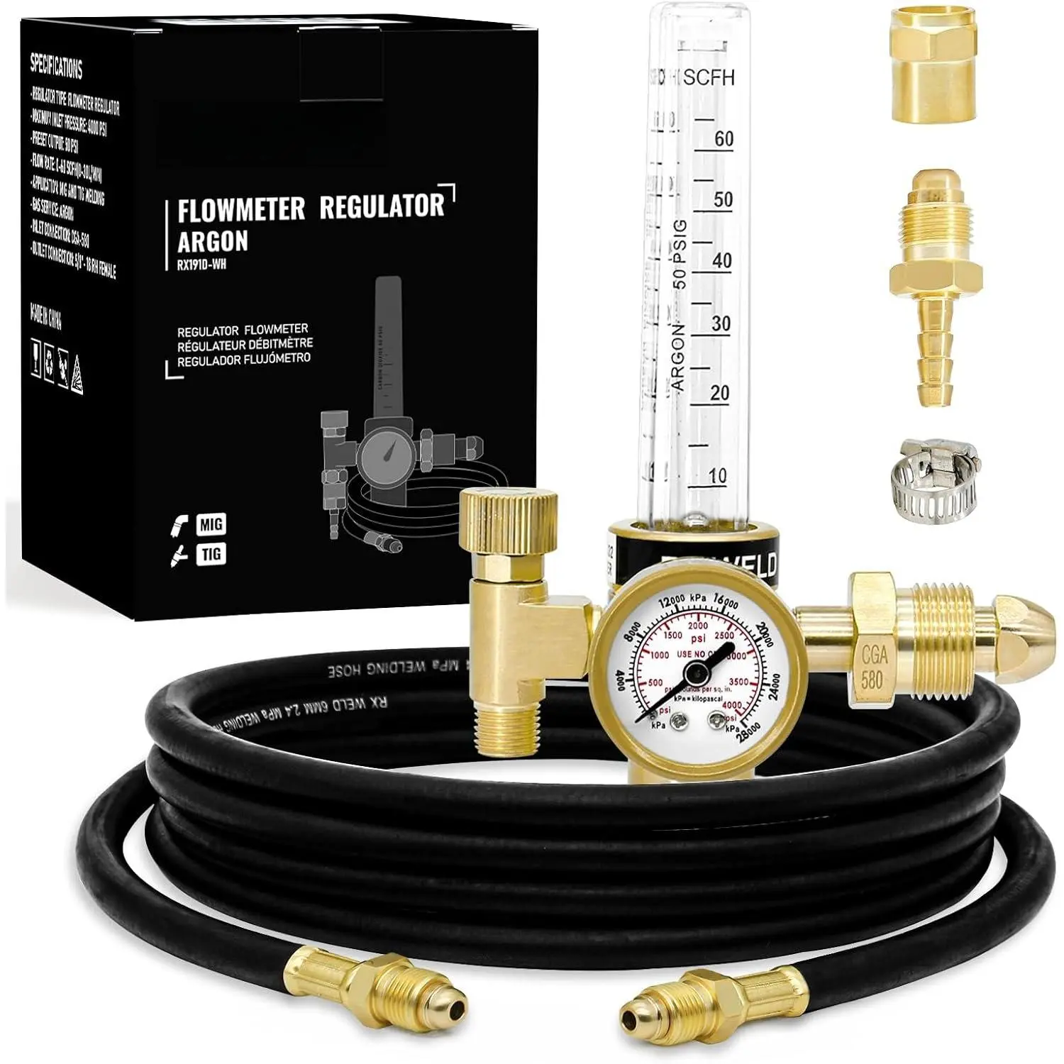 1 x Heavy Duty Argon Regulator Flowmeter Gauge - Welding Accessory with Accurate Metering, Adjustable 10-60 CFH, Compatible with CGA-580 Tanks & Gas Hose for MIG and TIG Welding