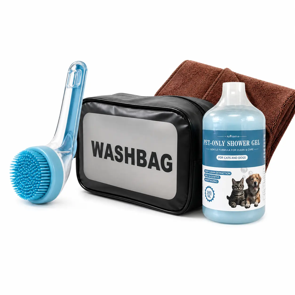 Dog & Cat Grooming Bath Kit with Built-In Dispenser, Soft Silicone Bristle Massage Brush, pH-Balanced Gentle Shower Gel, Super Absorbent Towel, Waterproof Storage Bag – Universal Fit Massage & Clean Grooming Tools for Home, Travel bathing, All-In-One, Dee