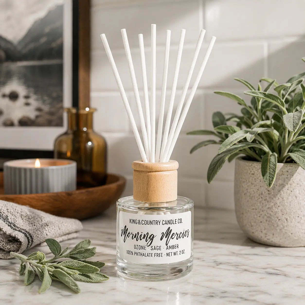 Morning Mercies Room Diffuser - Crisp & Refreshing Ozone Sage Amber Scent - 1.5 oz Non-Toxic Phthalate-Free Air Freshener for Bedroom Living Room Car