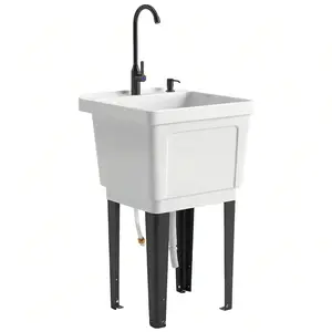 Portable 23-Gallon Utility Sink Laundry Tub – Freestanding with Soap Dispenser. Tool-Free Assembly. Under-Sink Storage. Continuous Water Flow via Hose. Perfect for Home, Food Stalls, Schools. White