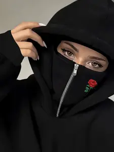 Double-Layer Hooded Sweatshirt with Pocket, Rose Print, Comfortable and Stylish, Easy to Match Any, Must-Have Wardrobe Addition