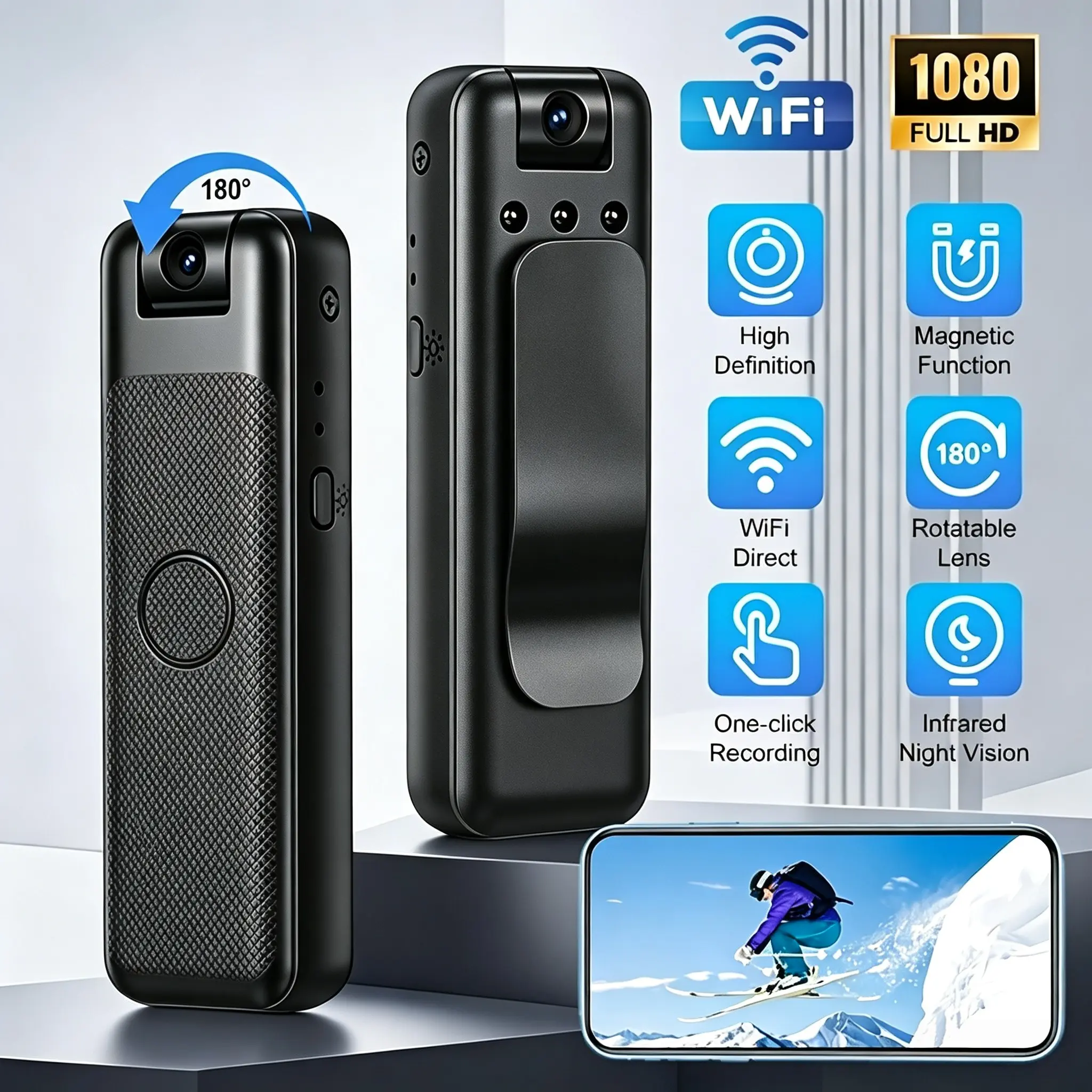 Clip-on Body Camera- 2.4GHz WiFi, 1080P FHD Wearable Camera with 180° Rotating Lens & Night Vision, WiFi App Control & Motion Detection, USB Rechargeable Mini Action Camera for Hiking Cycling Travel Vlogging, Portable Video Camera