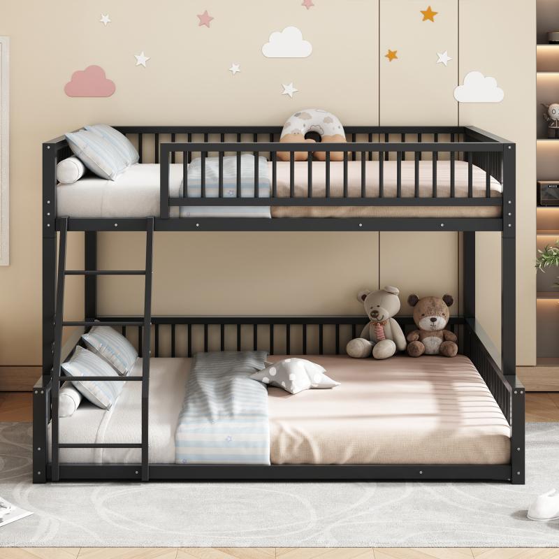 Modern Full XL Over Queen Bunk Bed Frame, Metal Floor Bunk Bed Frame with Ladder & Guardrails, No Spring Box Needed, That Can Separate, Black Modern Full XL Over Queen Bunk Bed Frame, Metal Floor Bunk Bed Frame with Ladder & Guardrails, No Spring Box Needed, That Can Separate, Black