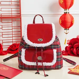 CarryCraze121 Vintage Red Plaid Backpack Adjustable Straps Drawstring Closure Christmas Design for Travel Work Gift
