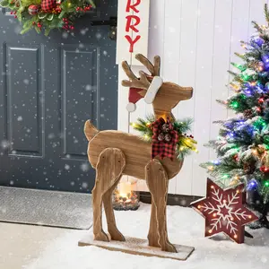 Glitzhome 36"H Chunky Wood Reindeer Porch Decor with Timer (KD)
