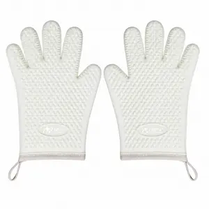 Five-finger silicone anti-scald gloves, heat-resistant up to 260 degrees℃ Waterproof and heat-insulating for kitchen use, specifically for microwave ovens and baking, in milky white + pink color