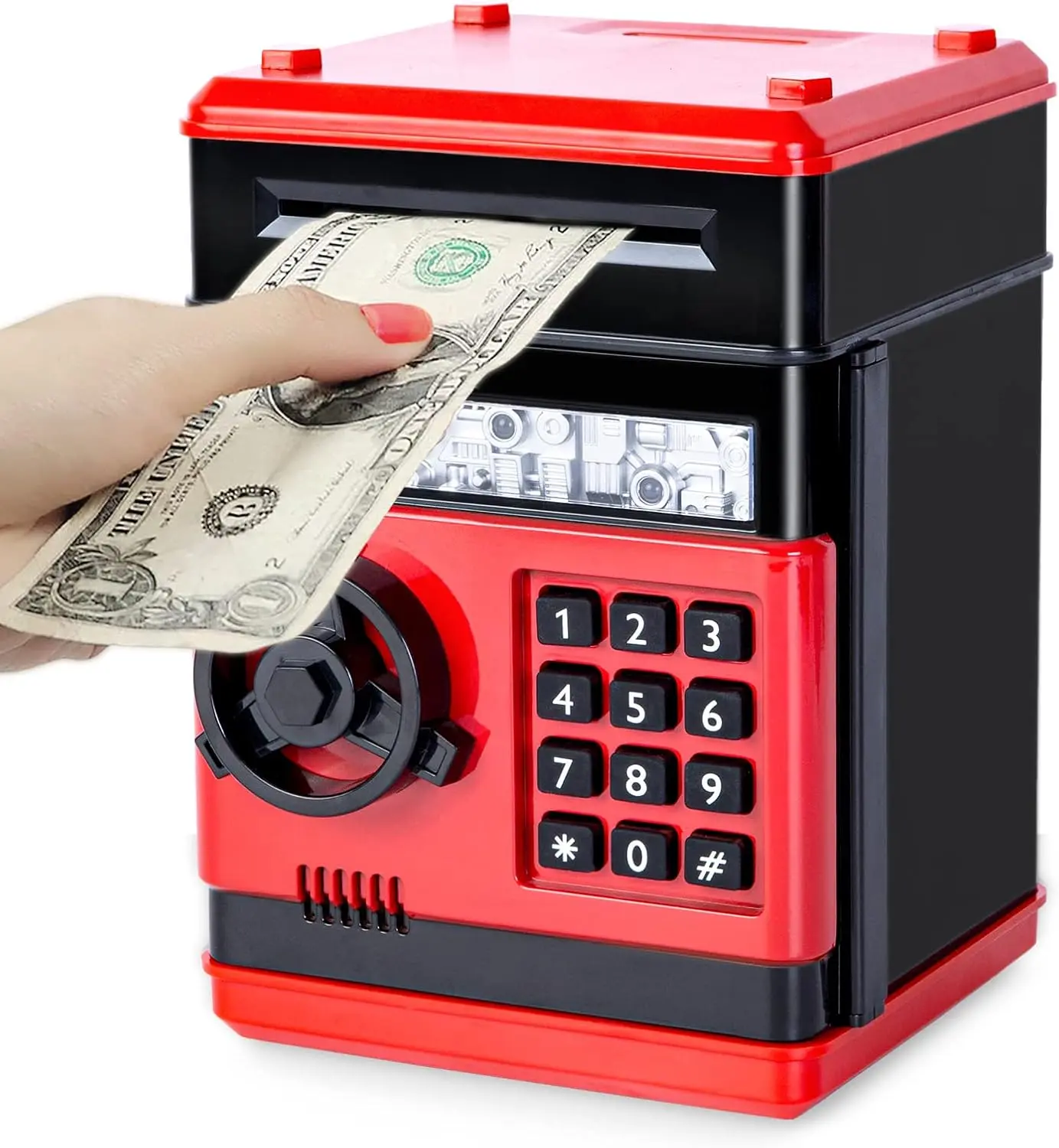 Digital Piggy Bank Electronic Mini ATM for Kids - Secure Unisex Cash Saving Box with Password Code Lock, Decorative Educational Pretend Play Toy Safe, Red Ornament Top Gift