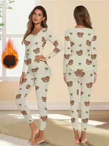Women's Bear Print Long Sleeve Thermal Underwear Set, Winter Fitted Casual Design, Comfortable Multifunctional Bottoms for Fall & Winter