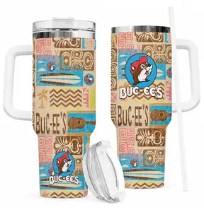 Buc-ee's Tropical Pattern Tumbler, 40oz Stainless Steel Travel Mug with Handle & Straw, Unique Island Style Buc-ee's Fan Gift