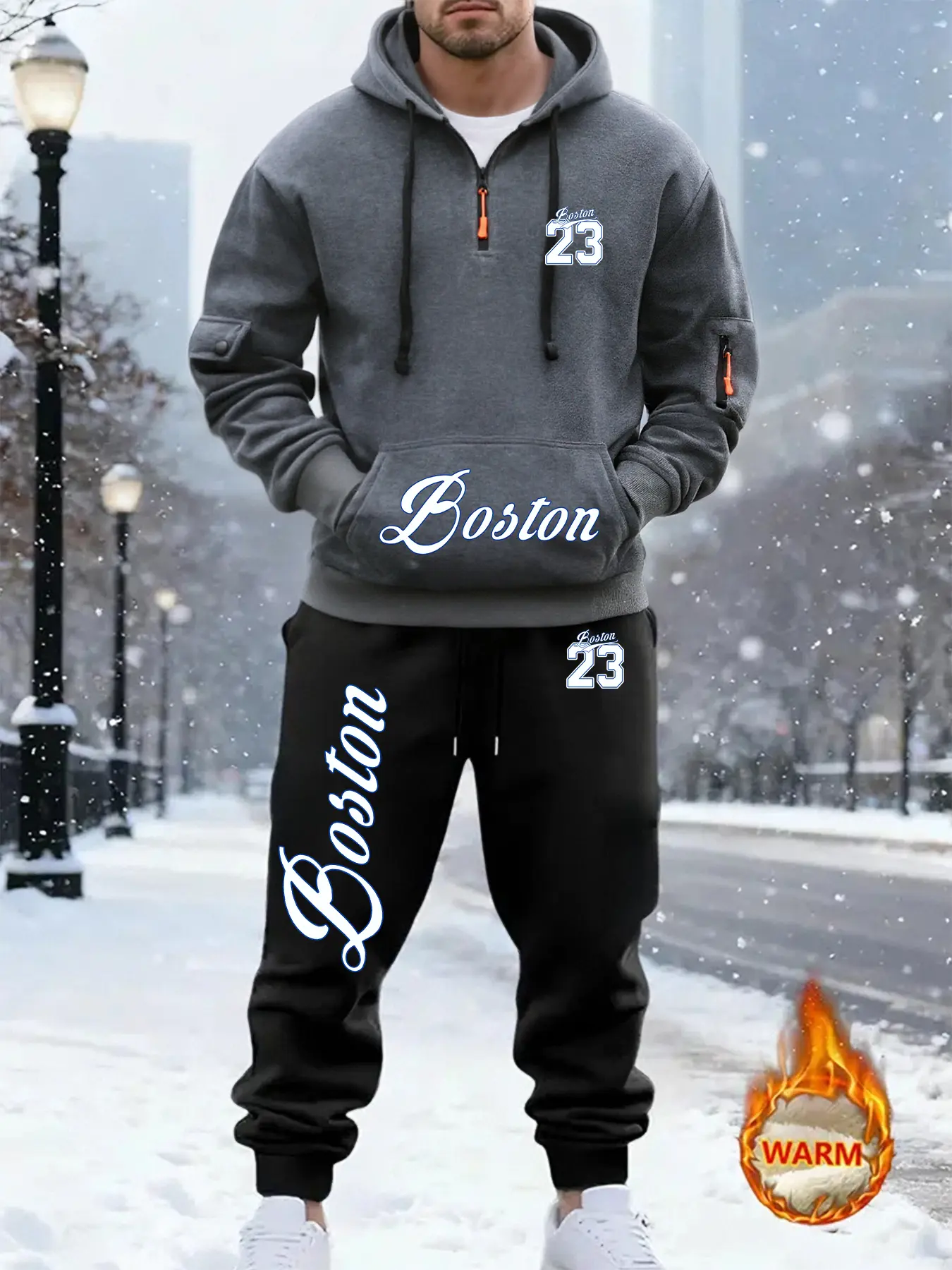 Men's Boston 23 Half-Zip Hoodie Set – Thermal Fleece Lined for Winter Warmth! Joggers with Utility Pocket Black Tracksuit. Essential for Streetwear