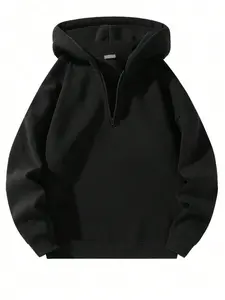 Half-Zip Hooded Fleece Sweatshirt, Menswear, Casual Warm Style, Plain, Half-Zip Design, Hoodie, Soft Fleece Fabric, Suitable for Men and Women, Unisex, Fall Winter, Casual Fashion Sweatshirt