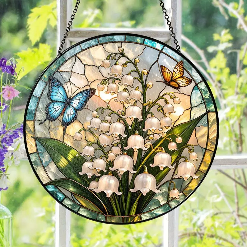 Lily of the Valley Stained Glass Suncatcher, Birth Flower Window Decor, Floral Butterfly Panel, May Birthday Gift, Elegant Nature Art
